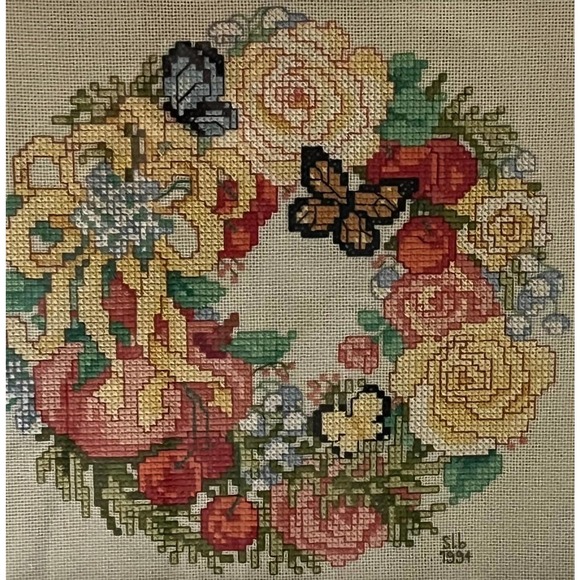 Vintage Handmade Butterfly Wreath Cross Stitch Gold Framed Wall/Stand Decor - Picture 5 of 9